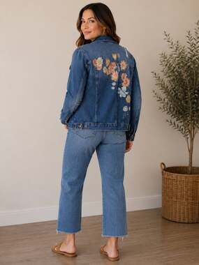 Jessica Simpson Distressed Denim Jacket with Floral Back Embroidery